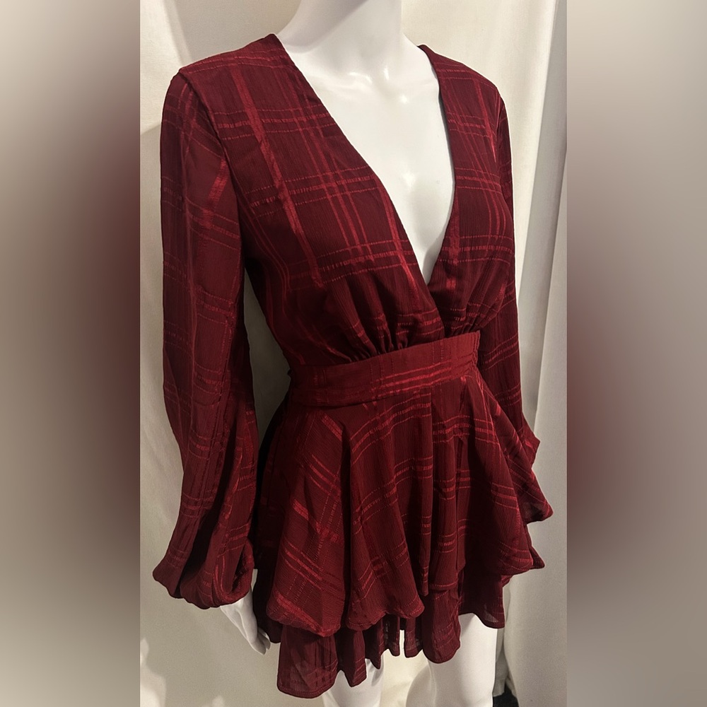 Princess Polly Sz 4 Burgundy Plaid Print Romper Romantic Boho Chic Party